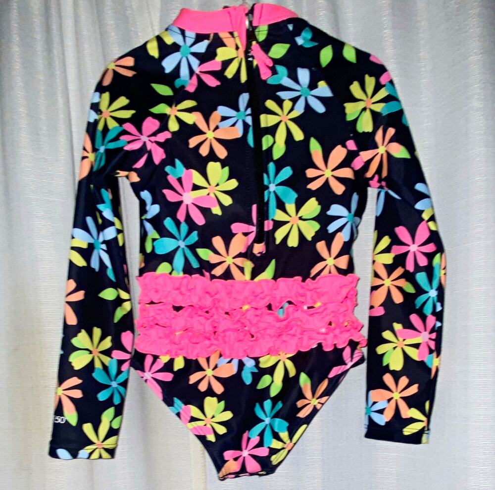 Hurley Girls 3T Floral One Piece Swimsuit Long Sleeve UPF 50+ Zip Ruffle